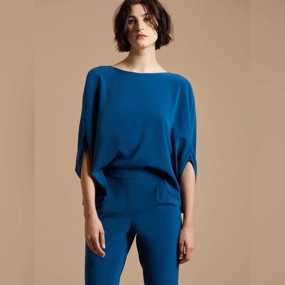 Halston Heritage Drape Sleeve Tapered Long Crepe Jumpsuit in Teal, size 14 - Picture 3 of 11
